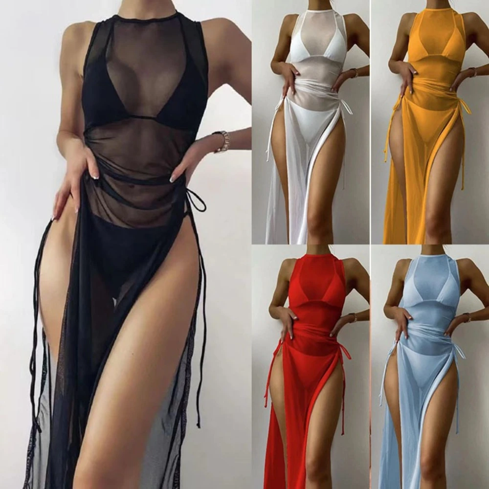 Women Sexy Bikini 3 Piece Set Lace Up Halter Padded Bra + Thongs + See Through Mesh Split Maxi Dress Cover Ups Holiday Beachwear
Women Sexy Bikini 3 Piece Set Lace Up Halter Padded Bra + Thongs + See Through Mesh Split Maxi Dress Cover Ups Holiday Beachwear