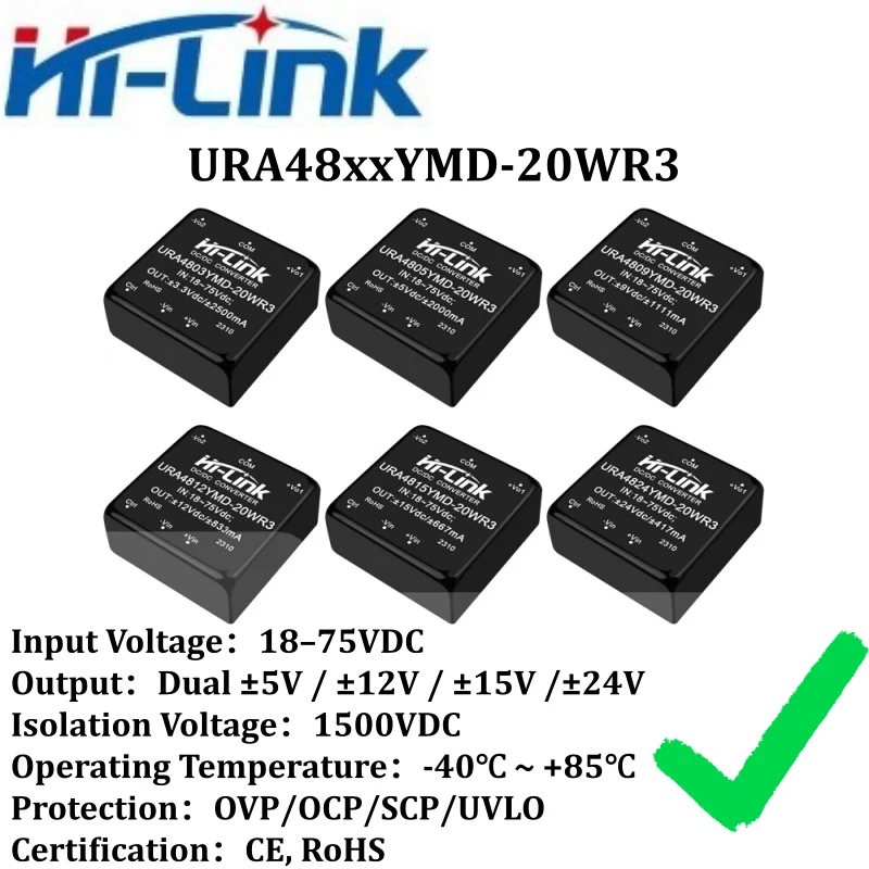 2pcs Hi-Link URA4812YMD-20WR3 20W Isolated DC-DC Module 18-75V Ultra Wide Input ±5V ±12V ±15V Dual Output 1500V Isolation
2pcs Hi-Link URA4812YMD-20WR3 20W Isolated DC-DC Module 18-75V Ultra Wide Input ±5V ±12V ±15V Dual Output 1500V Isolation