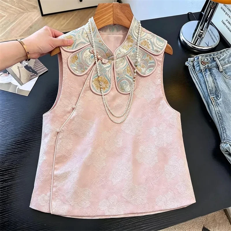 New Spring and Summer Fashion Loose Chinese Retro Doll Collar Sleeveless Vest Coat Pink Simple Jacquard with Shawl Cardigan Vest
New Spring and Summer Fashion Loose Chinese Retro Doll Collar Sleeveless Vest Coat Pink Simple Jacquard with Shawl Cardigan Vest