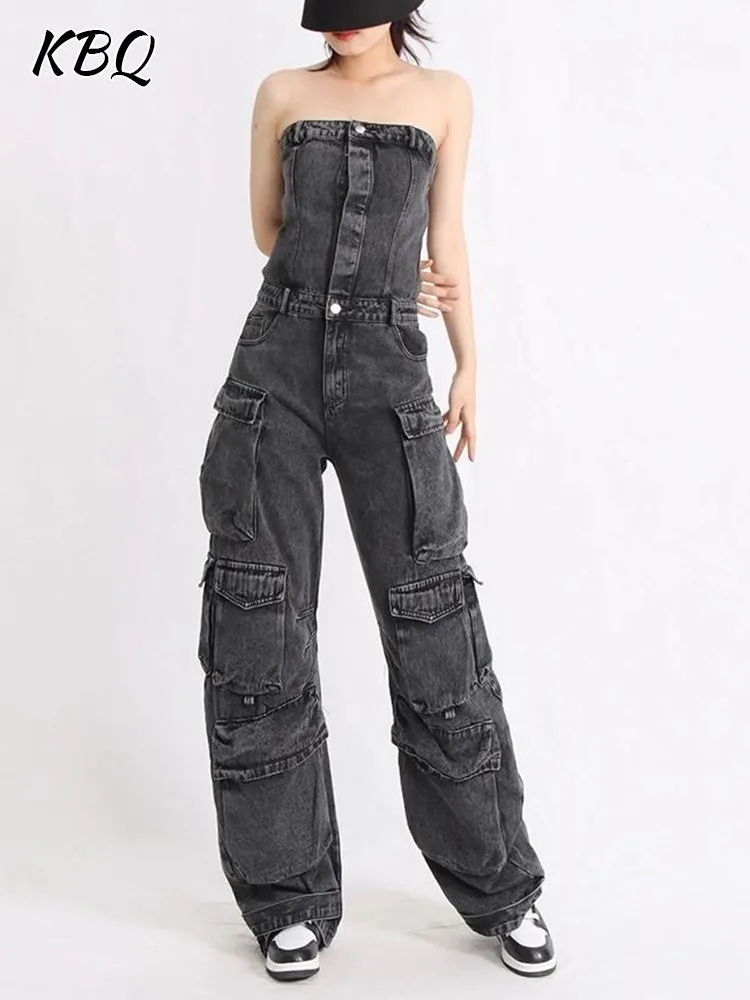 KBQ Spliced Pockets Streetwear Denim Jumpsuits For Women Slash Neck Sleeveless High Waist Casual Slim Jumpsuit Female Fashion
KBQ Spliced Pockets Streetwear Denim Jumpsuits For Women Slash Neck Sleeveless High Waist Casual Slim Jumpsuit Female Fashion