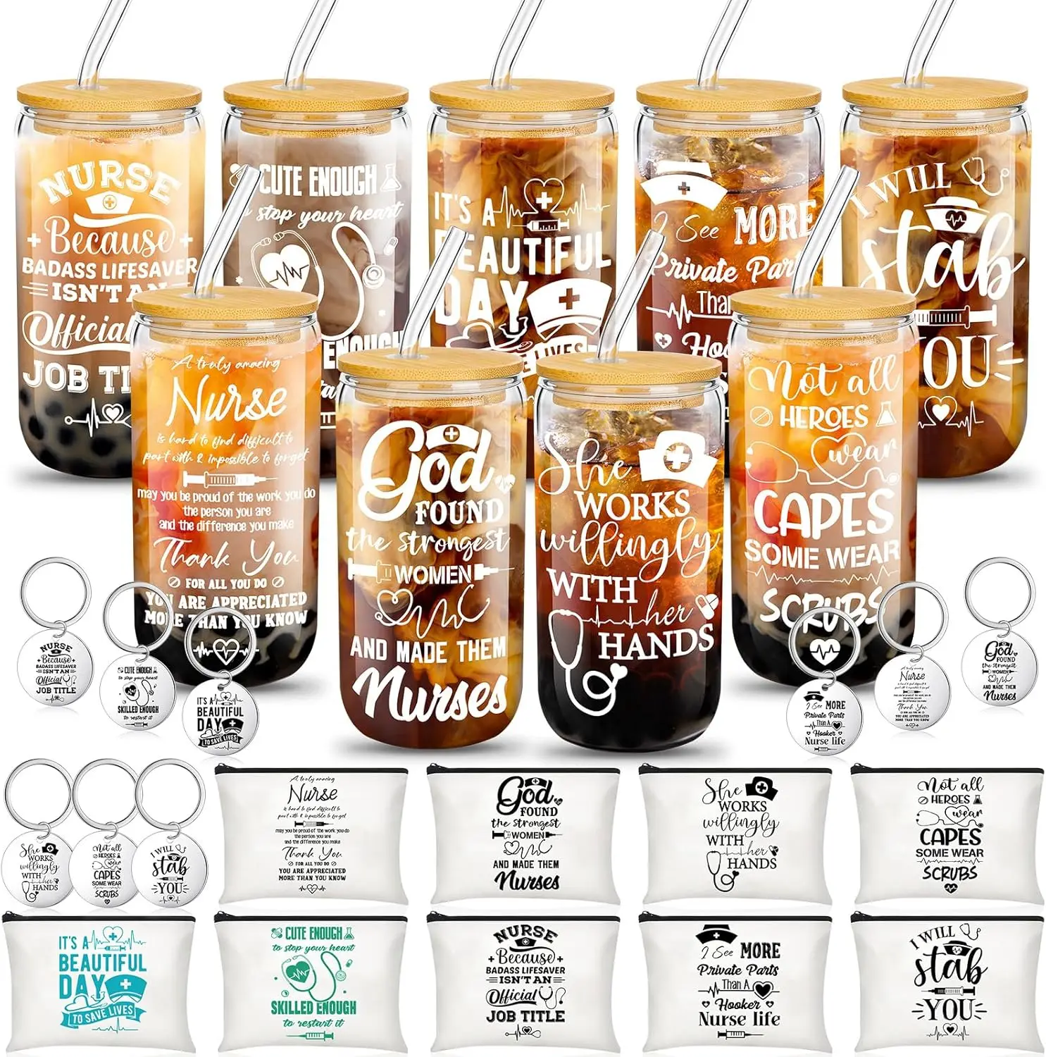 Nurse Gift Set 27 Pcs with 9 Glass Cups, 9 Makeup Bags, 9 Keychains for RN Appreciation Week Graduation
Nurse Gift Set 27 Pcs with 9 Glass Cups, 9 Makeup Bags, 9 Keychains for RN Appreciation Week Graduation