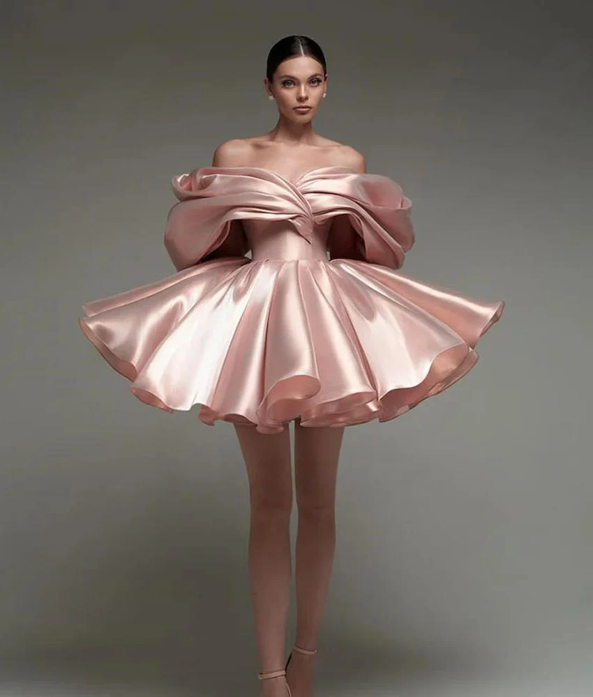 Customized Sexy Satin A-Line Off the Shoulder Ruffles Evening Dress Temperament Half Sleeves Boat Neck Special Occasion Gowns 
Customized Sexy Satin A-Line Off the Shoulder Ruffles Evening Dress Temperament Half Sleeves Boat Neck Special Occasion Gowns