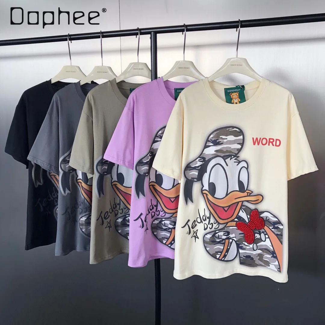 High Street Повседневная мода Тяжелый бисер с мультяшным принтом утки средней длины Свободная футболка с короткими рукавами Y2K Верхняя женская одежда
High Street Повседневная мода Тяжелый бисер с мультяшным принтом утки средней длины Свободная футболка с короткими рукавами Y2K Верхняя женская одежда