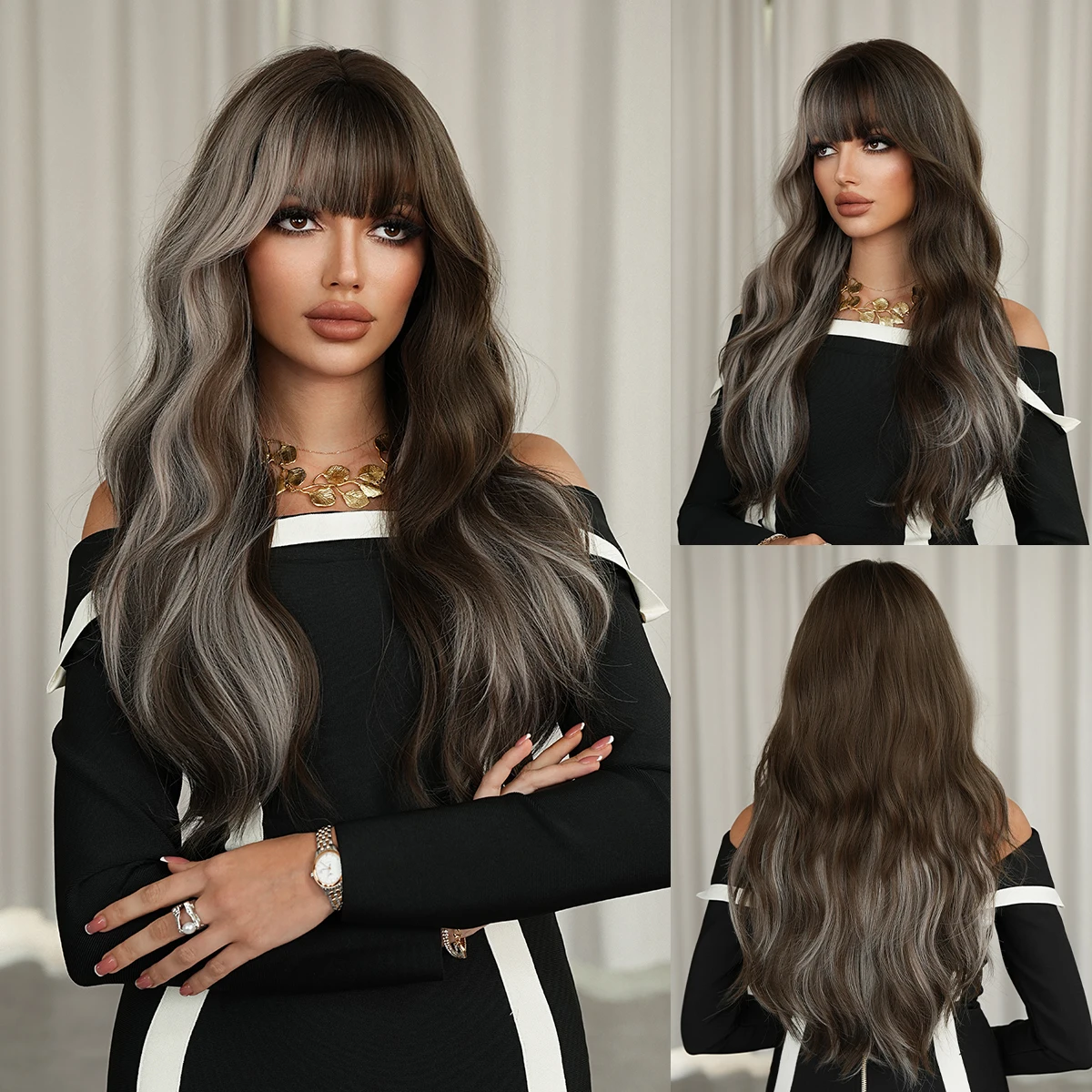NAMM New Fashion Long Wavy Dark Brown Wig With Bangs Highlight Ash Hair Natural Looking High Quality Fiber Synthetic Wigs
NAMM New Fashion Long Wavy Dark Brown Wig With Bangs Highlight Ash Hair Natural Looking High Quality Fiber Synthetic Wigs