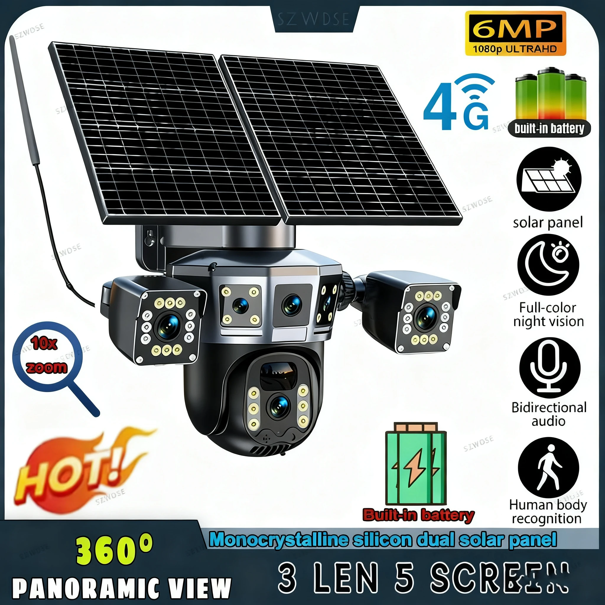 8K 1080P Outdoors Wireless Dual Solar Panels PTZ ip Camera 4G Sim Card CCTV Three Len Five Screen 360° Solar Security Cameras
8K 1080P Outdoors Wireless Dual Solar Panels PTZ ip Camera 4G Sim Card CCTV Three Len Five Screen 360° Solar Security Cameras