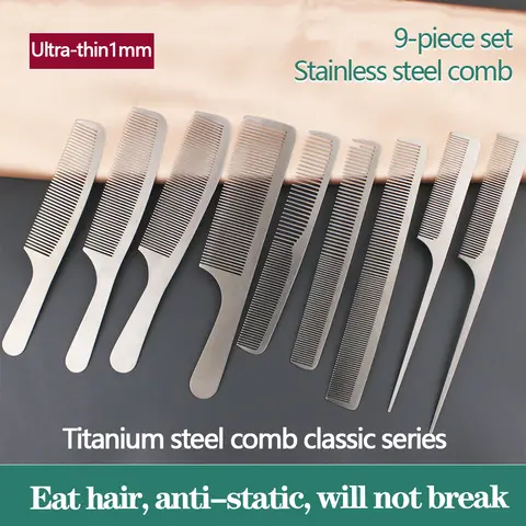 MJ Stainless Steel Cutting Metal Tail Combs Silver Fine Cutting Comb Set Hairdressing Steel Rat Tail Comb