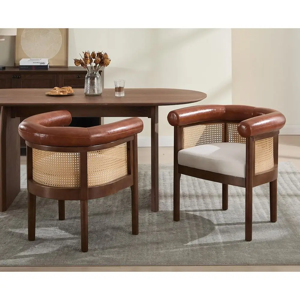 Set of 2 Walnut Kitchen Chairs with Rattan Backrest and Brown Leather Arms, Beige Fabric Upholstered Accent Side Chairs for Dini
Set of 2 Walnut Kitchen Chairs with Rattan Backrest and Brown Leather Arms, Beige Fabric Upholstered Accent Side Chairs for Dini