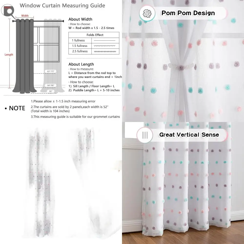 95 Rainbow Pom-Pom Sheer Curtains, 52 Wide, Set of 2 for Sliding Door, Light Filtering, Suitable for Living Room and Kids' Rooms
95 Rainbow Pom-Pom Sheer Curtains, 52 Wide, Set of 2 for Sliding Door, Light Filtering, Suitable for Living Room and Kids' Rooms