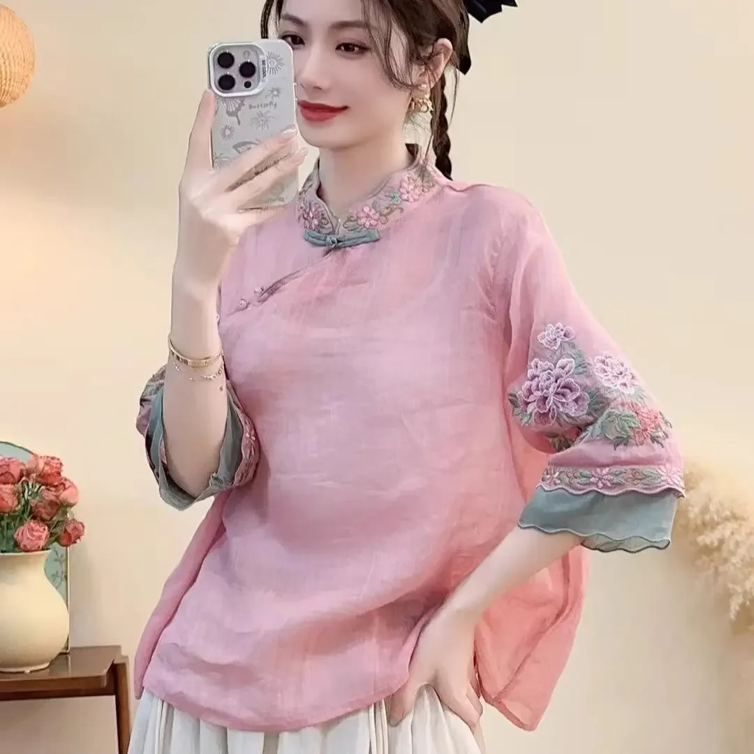 Summer New Retro Cotton and Linen Shirt New Stand Up Collar Buckle Slanted Collar Embroidered Retro Shirt B241
Summer New Retro Cotton and Linen Shirt New Stand Up Collar Buckle Slanted Collar Embroidered Retro Shirt B241