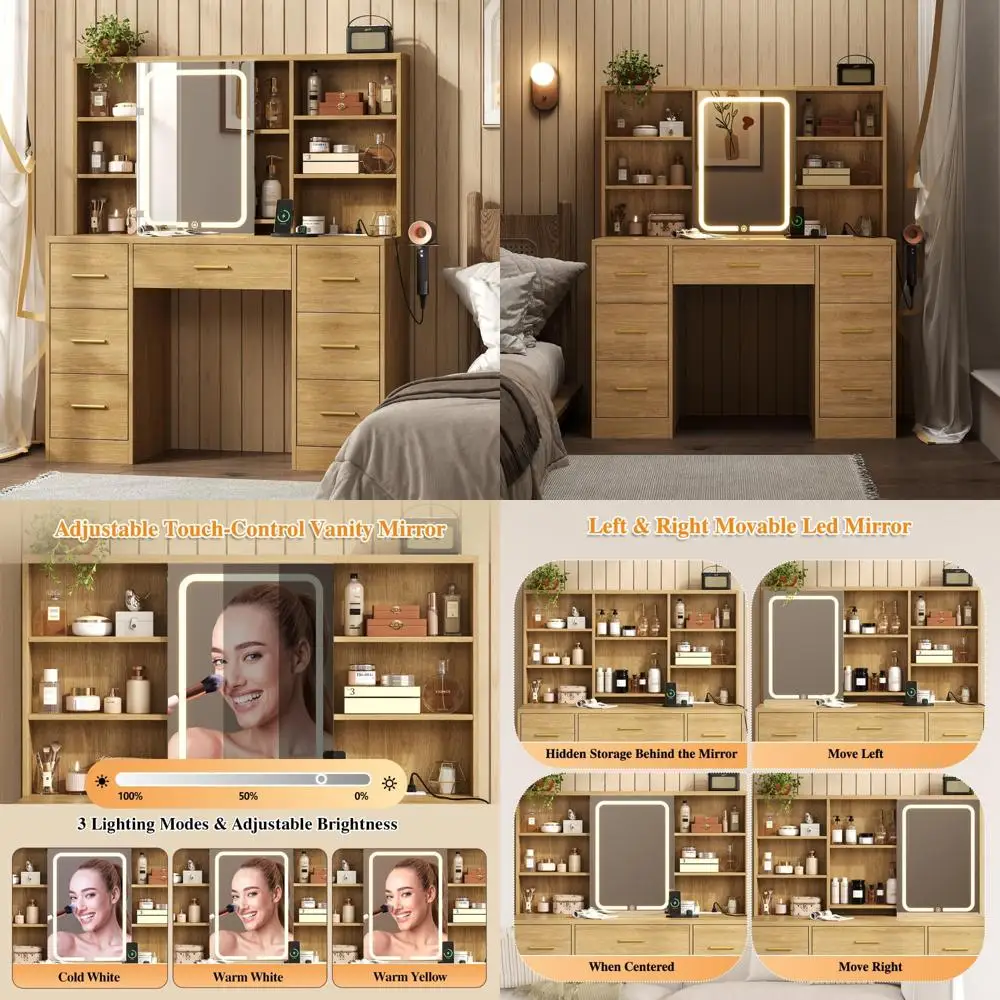 Large 47 Inch Wide Vanity Desk with Mirror, Lights, and Ample Storage: 8 Shelves and 7 Drawers for Makeup 
Large 47 Inch Wide Vanity Desk with Mirror, Lights, and Ample Storage: 8 Shelves and 7 Drawers for Makeup