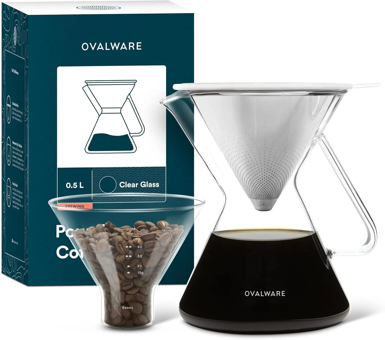 Pour Over Coffee Maker Set with Glass Carafe, Stainless Steel Filter, and Measuring Cup for Home Brewing
Pour Over Coffee Maker Set with Glass Carafe, Stainless Steel Filter, and Measuring Cup for Home Brewing