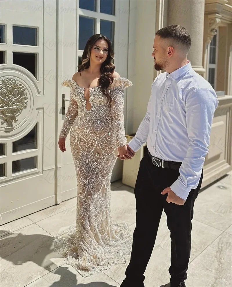 Luxury Champagne Beaded Mermaid Evening Dress Off Shoulder Long Sleeve Elegant Formal Party Gown 2025 New Arrival 
Luxury Champagne Beaded Mermaid Evening Dress Off Shoulder Long Sleeve Elegant Formal Party Gown 2025 New Arrival