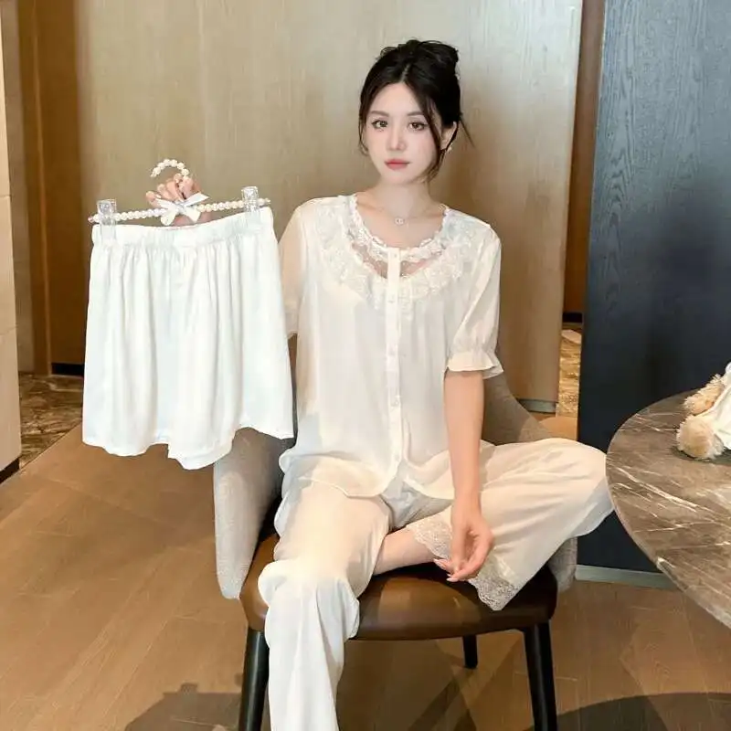 Noble Temperament Pajama Women Summer French Style Lace Advanced Satin Ice Silk Loungewear High Quality Sweet Soft Pyjamas Set
Noble Temperament Pajama Women Summer French Style Lace Advanced Satin Ice Silk Loungewear High Quality Sweet Soft Pyjamas Set
