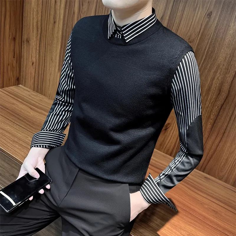 Slim Fit Men's Knit Sweater with irt Collar Trendy Striped Fake Two-Piece Spring Autumn New Sle Casual Faion Outerwear
Slim Fit Men's Knit Sweater with irt Collar Trendy Striped Fake Two-Piece Spring Autumn New Sle Casual Faion Outerwear