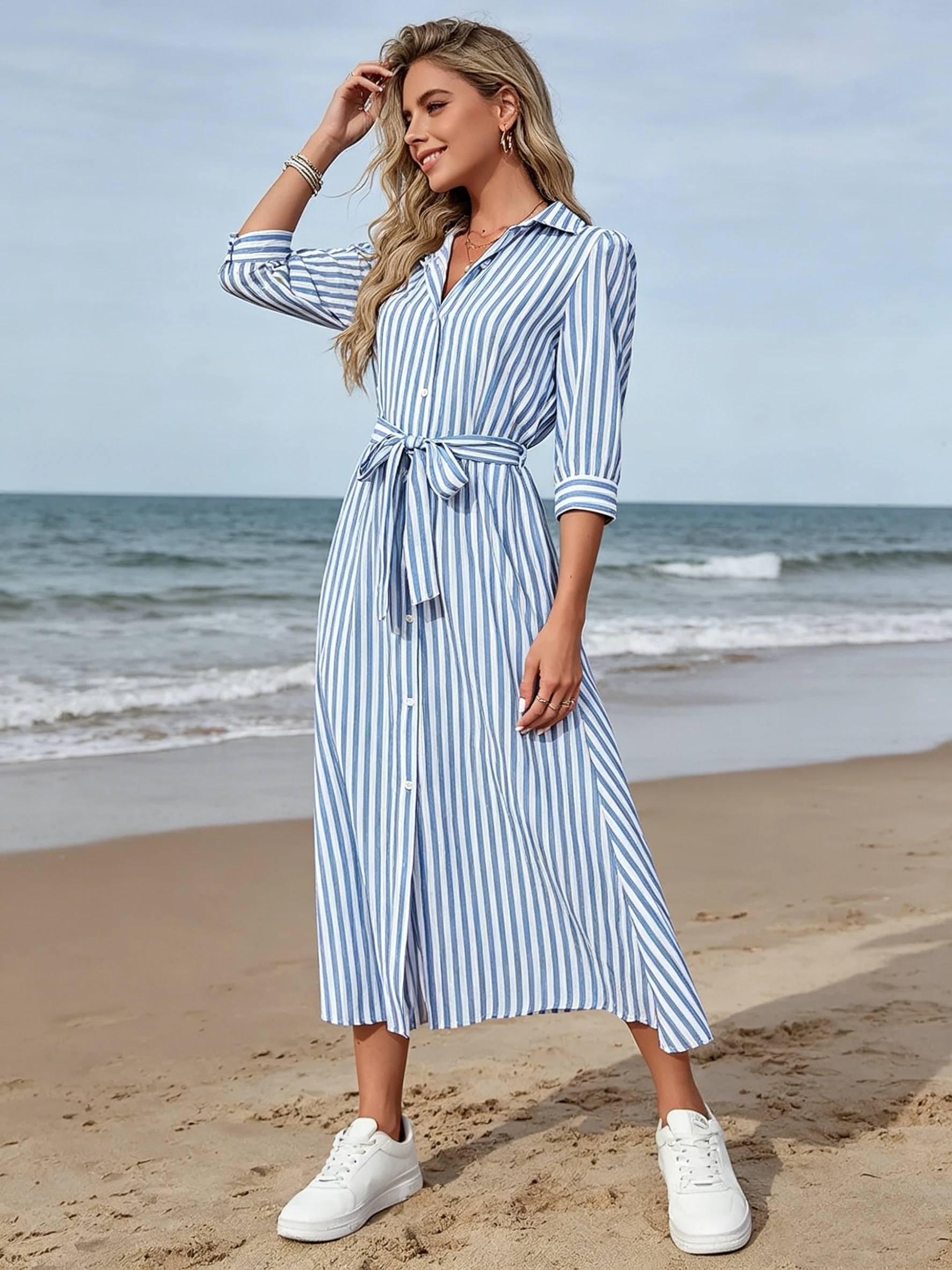 Nautical Style Striped Shirt Dress Quarter Sleeve Tie Waist A-Line Silhouette Summer Vacation Casual Streetwear
Nautical Style Striped Shirt Dress Quarter Sleeve Tie Waist A-Line Silhouette Summer Vacation Casual Streetwear