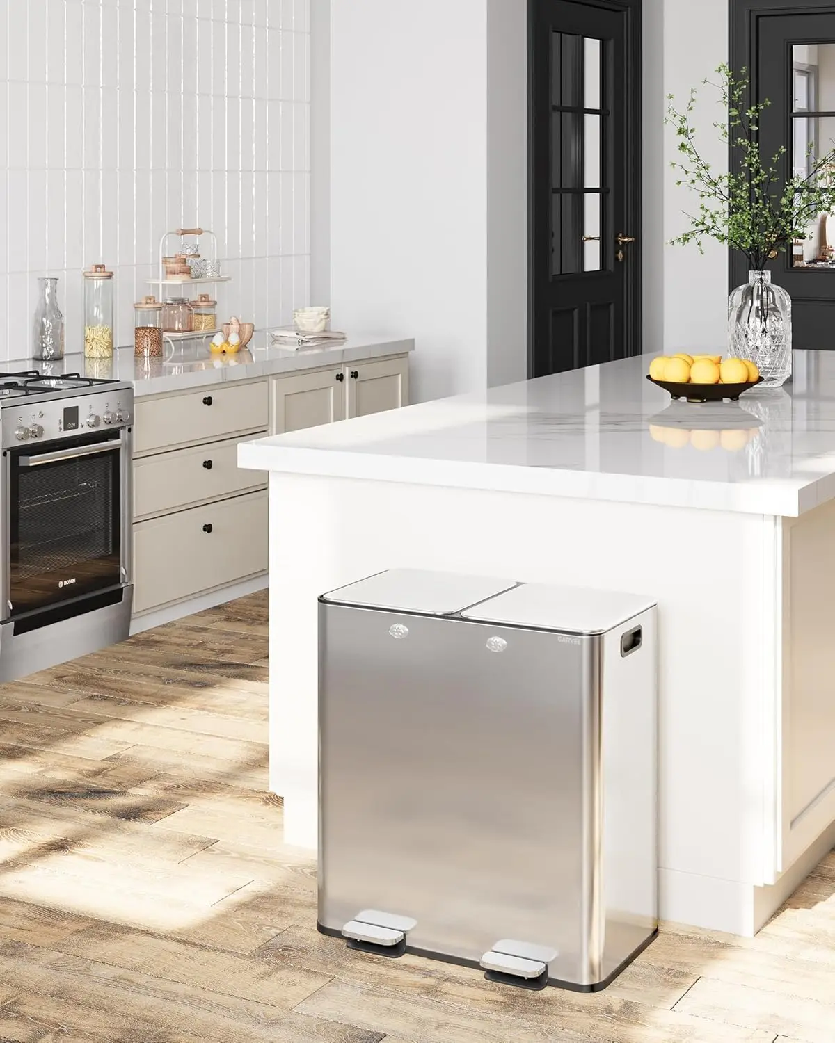16 Gal Dual Compartment Stainless Steel Kitchen Trash Can for Recycling, 8+8 Gal Step Bin with Soft-Close Lid
16 Gal Dual Compartment Stainless Steel Kitchen Trash Can for Recycling, 8+8 Gal Step Bin with Soft-Close Lid