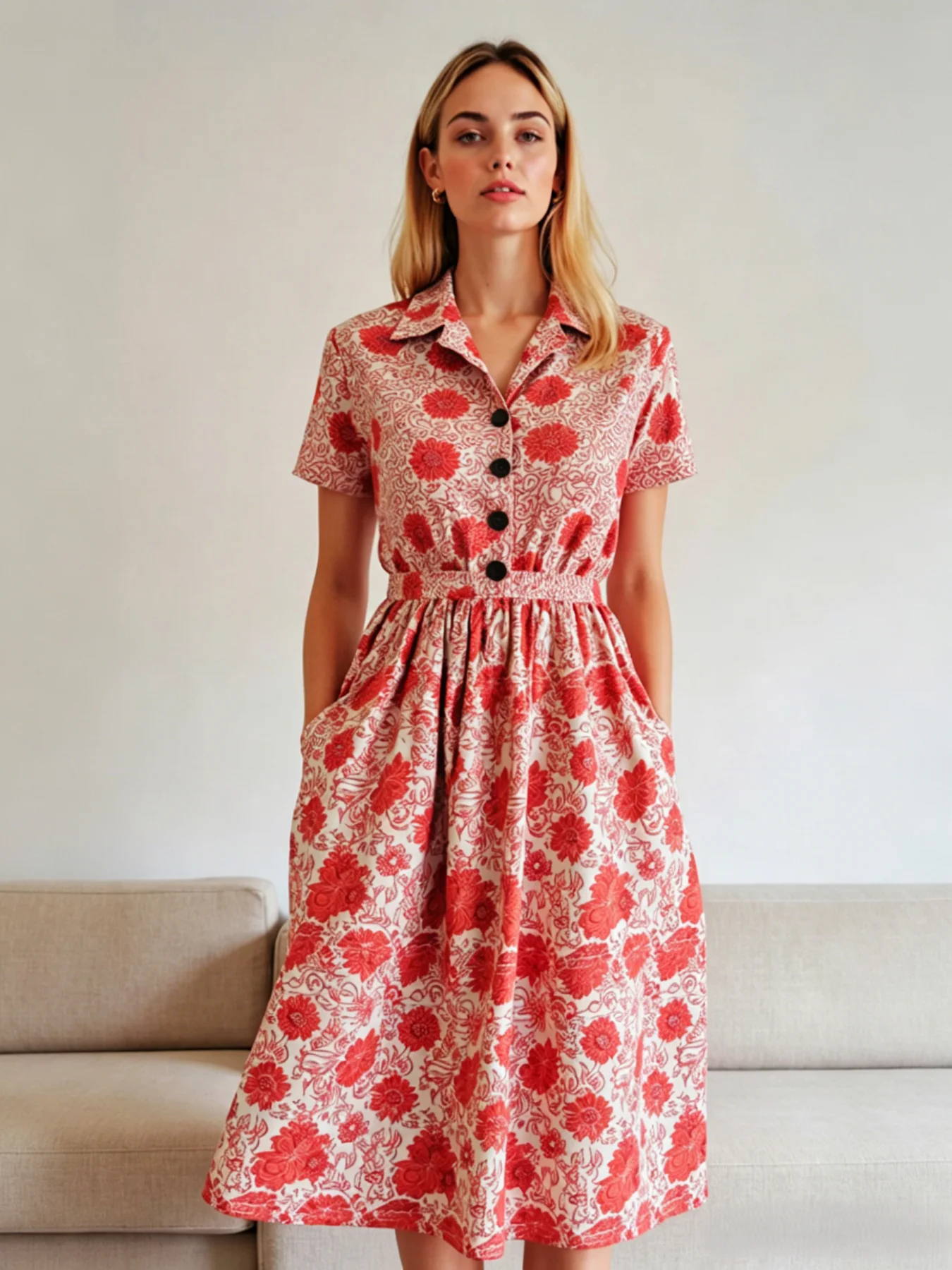Casual Red Floral Shirt Dress for Women - Short Sleeve Button Down Waisted Midi Dress, Perfect for Summer and Daily Wear
Casual Red Floral Shirt Dress for Women - Short Sleeve Button Down Waisted Midi Dress, Perfect for Summer and Daily Wear