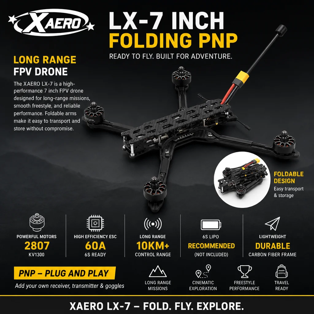 Foldable 7 Inch FPV Drone PNP - Ready to Fly Long Range Quadcopter with 2807 Motors & 60A ESC, Easy Transport & Storage
Foldable 7 Inch FPV Drone PNP - Ready to Fly Long Range Quadcopter with 2807 Motors & 60A ESC, Easy Transport & Storage