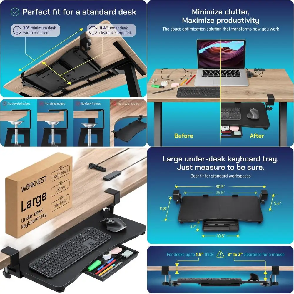 Регулируемая выдвижная подставка для клавиатуры с креплениями для столов толщиной до 1,5 дюйма, USB-C хабом и органайзером для кабелей
Регулируемая выдвижная подставка для клавиатуры с креплениями для столов толщиной до 1,5 дюйма, USB-C хабом и органайзером для кабелей