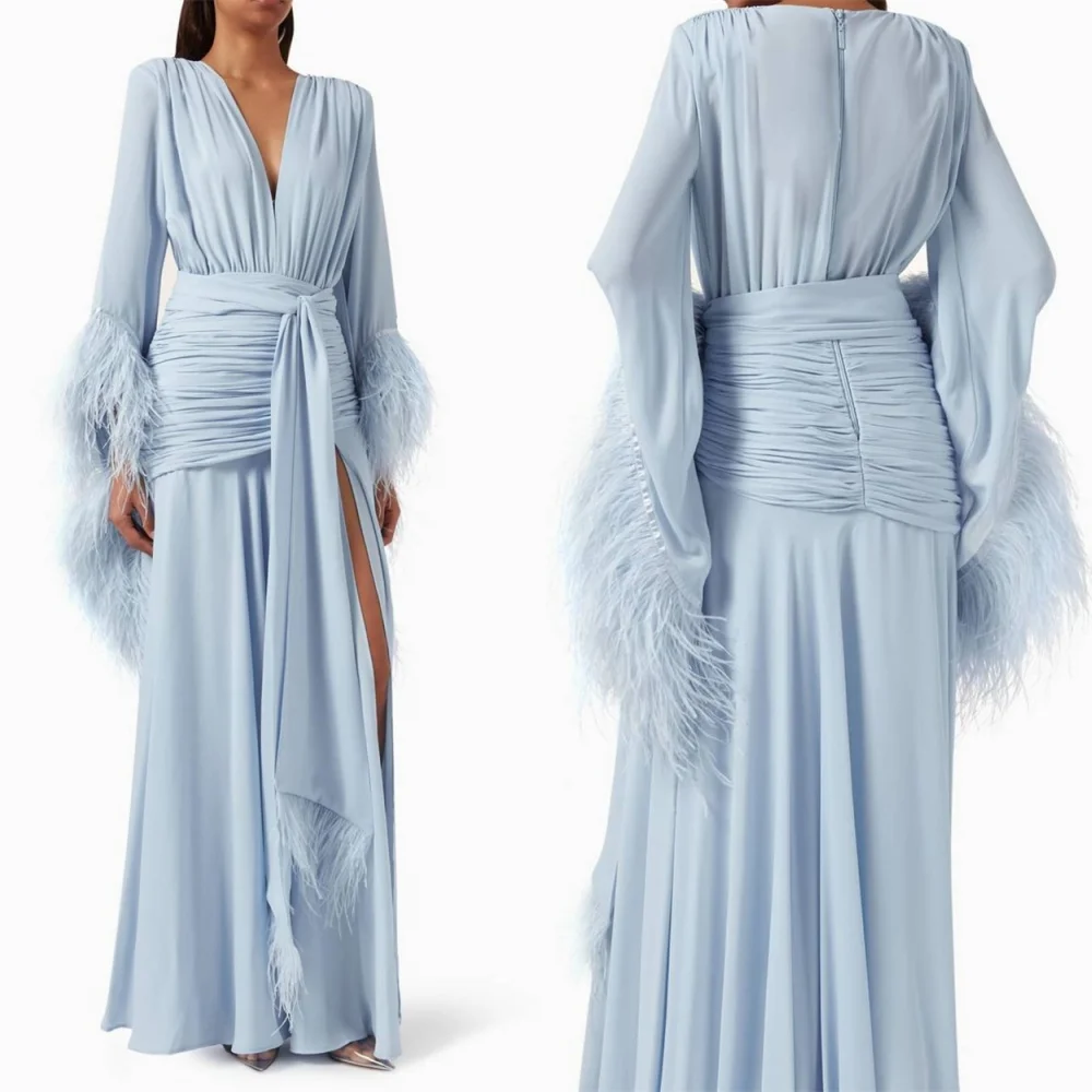 Customized Fashion Light Blue Chiffon Evening Dress Temperament V-Neck Long Sleeves Feathers Zipper Back Special Occasion Gowns
Customized Fashion Light Blue Chiffon Evening Dress Temperament V-Neck Long Sleeves Feathers Zipper Back Special Occasion Gowns