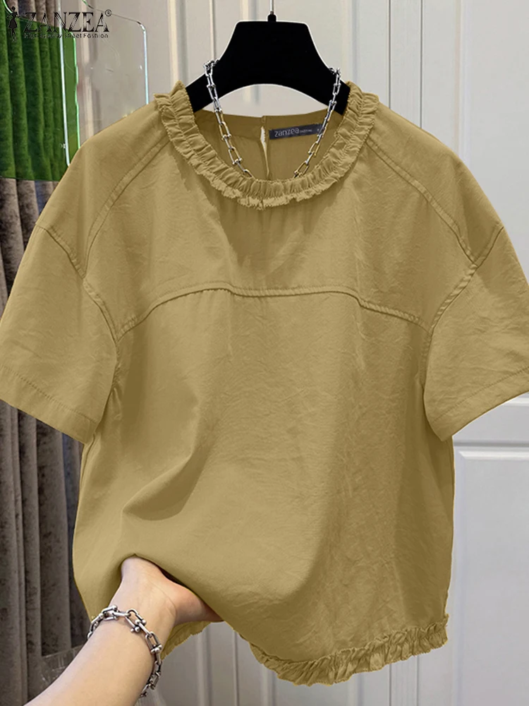 ZANZEA Women 2025 Summer Chic Blouses Ruffed Trim O-Neck Short Sleeve Crinkled Blusas Mujer Streetwear Casual Solid Color Tops
ZANZEA Women 2025 Summer Chic Blouses Ruffed Trim O-Neck Short Sleeve Crinkled Blusas Mujer Streetwear Casual Solid Color Tops