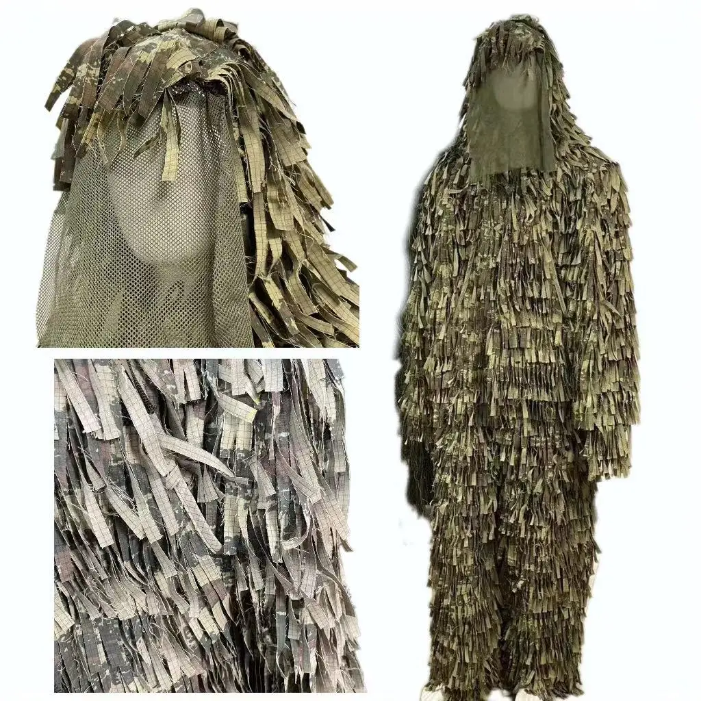 Camouflage strip ghillie suit with overlay net, outdoor tactical equipment, outdoor hunting and shooting clothing.
Camouflage strip ghillie suit with overlay net, outdoor tactical equipment, outdoor hunting and shooting clothing.