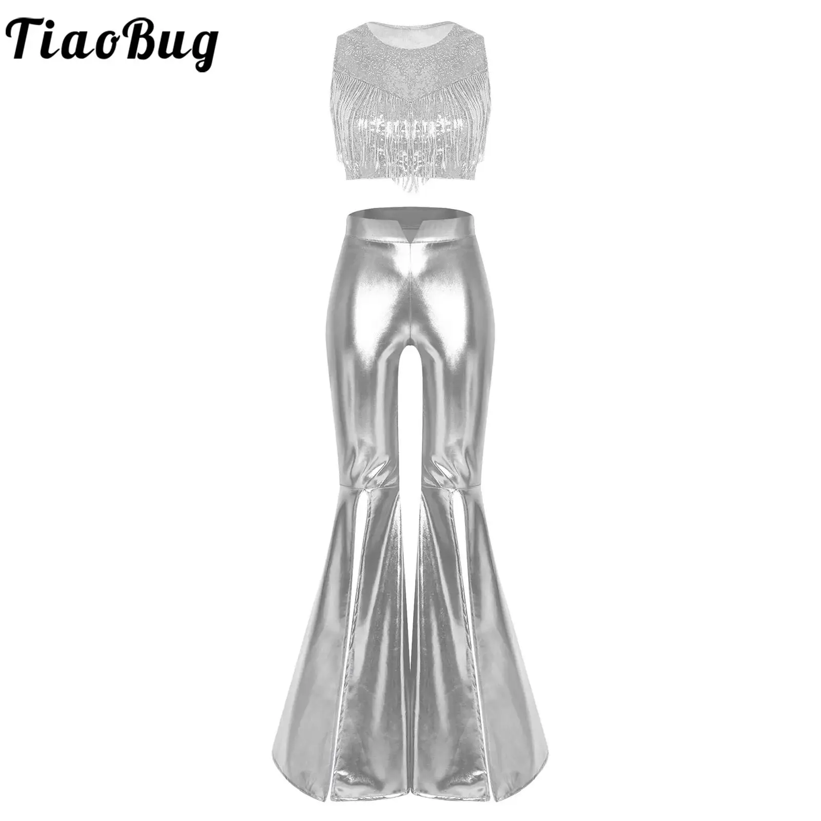 Women 70s Disco Metallic Jazz Tango Raves Dance Outfit Sleeveless Sequin Tassel Crop Top and Split Flared Pants Party Clubwear
Women 70s Disco Metallic Jazz Tango Raves Dance Outfit Sleeveless Sequin Tassel Crop Top and Split Flared Pants Party Clubwear