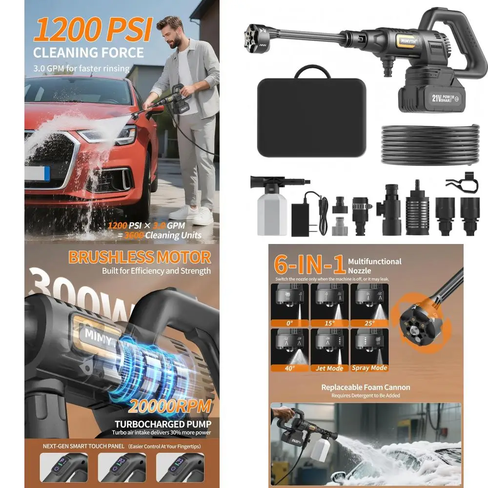 Аккумуляторная мойка высокого давления 1200 фунтов на кв. дюйм с щеткой и аккумулятором 4.0 Ач, насадка 6-в-1, 3 уровня регулировки, портативный ручной очиститель
Аккумуляторная мойка высокого давления 1200 фунтов на кв. дюйм с щеткой и аккумулятором 4.0 Ач, насадка 6-в-1, 3 уровня регулировки, портативный ручной очиститель
