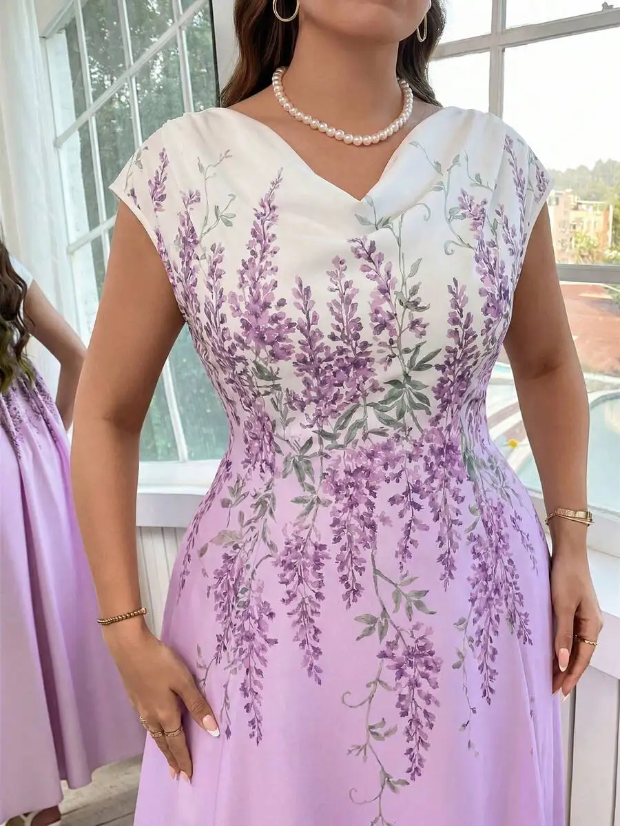 Elegant Lavender Floral Print Plus Size V-Neck Waist Cinched Evening Dress For Wedding Guest Formal Party
Elegant Lavender Floral Print Plus Size V-Neck Waist Cinched Evening Dress For Wedding Guest Formal Party