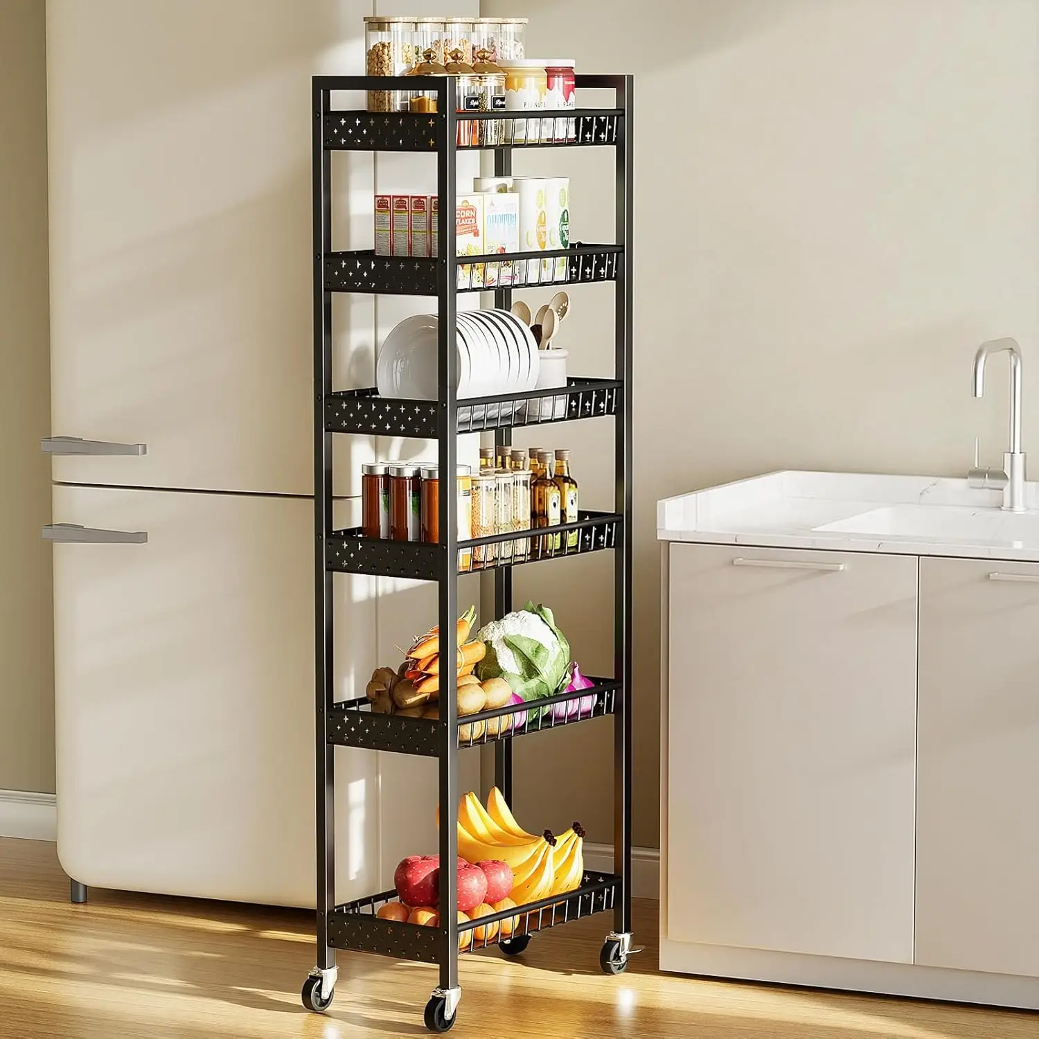 6 Tier Slim Rolling Cart with Wheels, Narrow Mobile Utility Shelf Organizer for Kitchen Bathroom Laundry Room, Black
6 Tier Slim Rolling Cart with Wheels, Narrow Mobile Utility Shelf Organizer for Kitchen Bathroom Laundry Room, Black