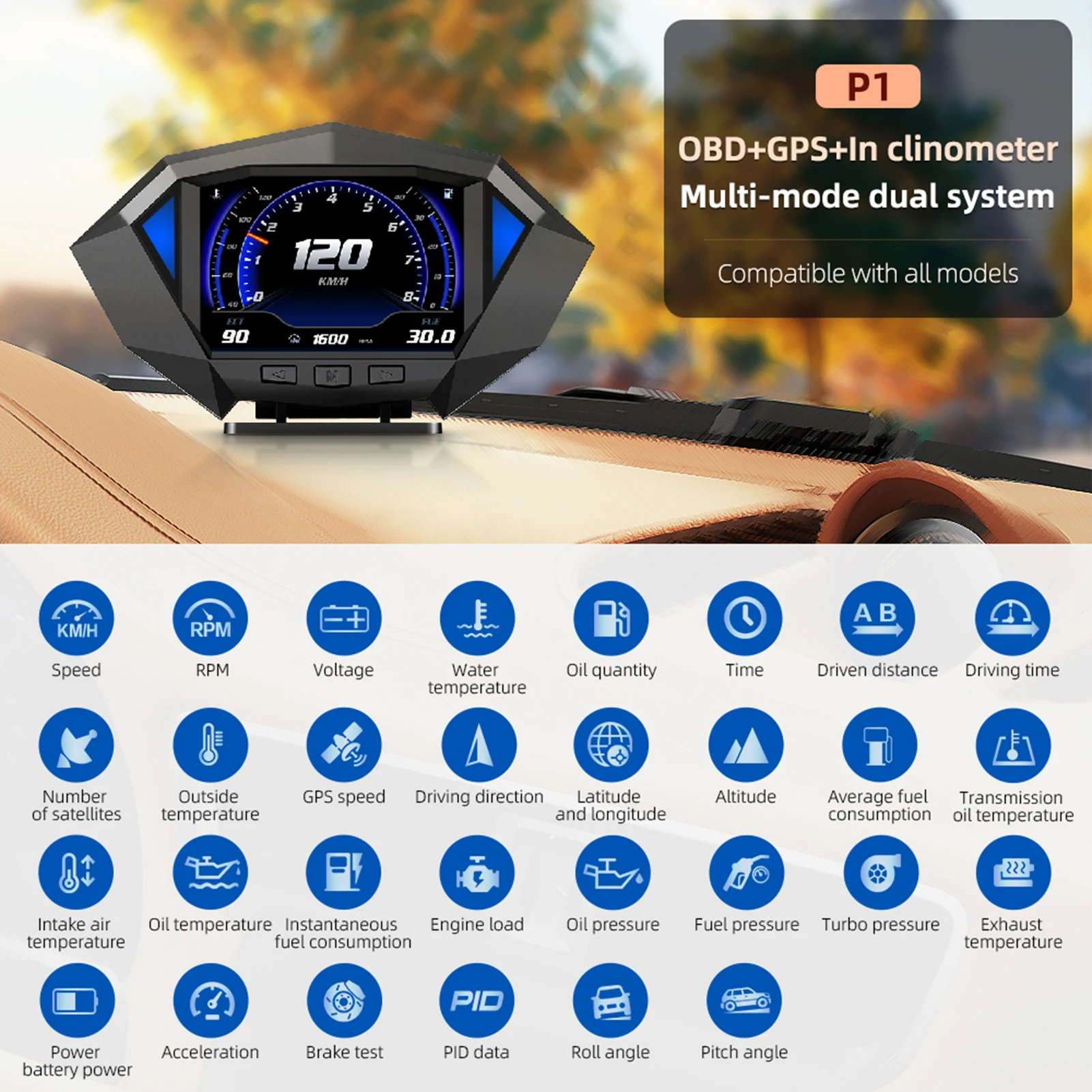 GPS Speed Meter OBD Speedometer Display Speed Voltage Water temperature Roll Angle Pitch Angle Over-speed Alarm Safe Driving
GPS Speed Meter OBD Speedometer Display Speed Voltage Water temperature Roll Angle Pitch Angle Over-speed Alarm Safe Driving