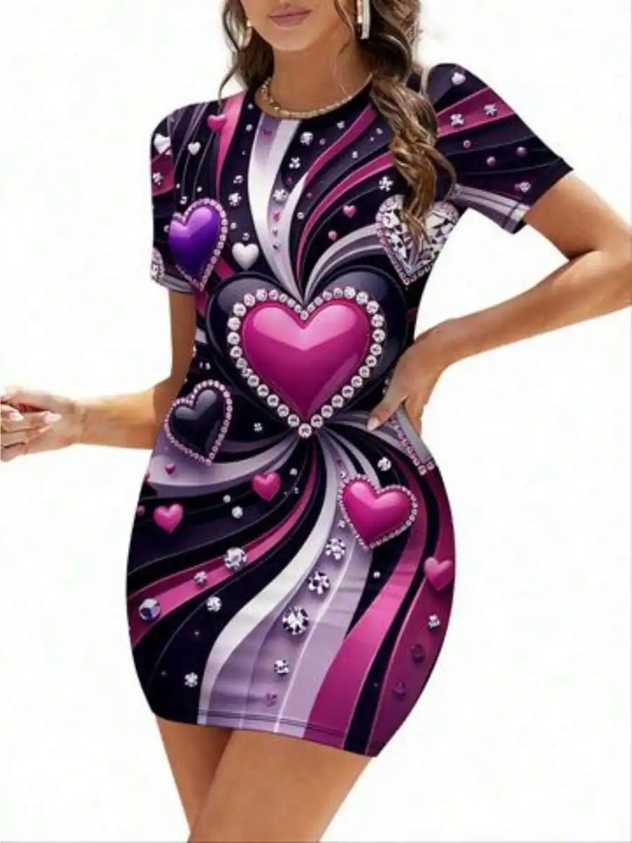 Short Sleeve Bodycon Dress For Women With Rhinestone Heart Print Valentine Theme
Short Sleeve Bodycon Dress For Women With Rhinestone Heart Print Valentine Theme