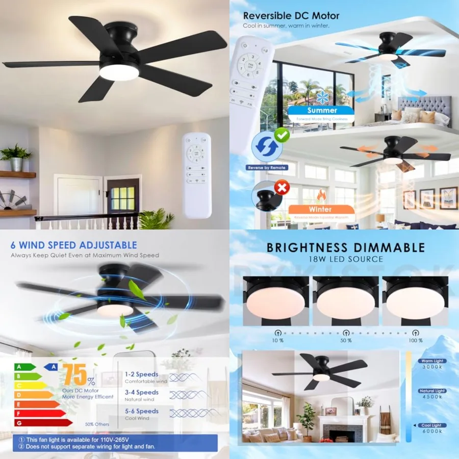 46 inch Ceiling Fans with Lights, Flush Mount Ceiling Fan with Remote, 3CCT, LED Dimmable, Reversible, 6 Fan Speeds, Quite Low
46 inch Ceiling Fans with Lights, Flush Mount Ceiling Fan with Remote, 3CCT, LED Dimmable, Reversible, 6 Fan Speeds, Quite Low
