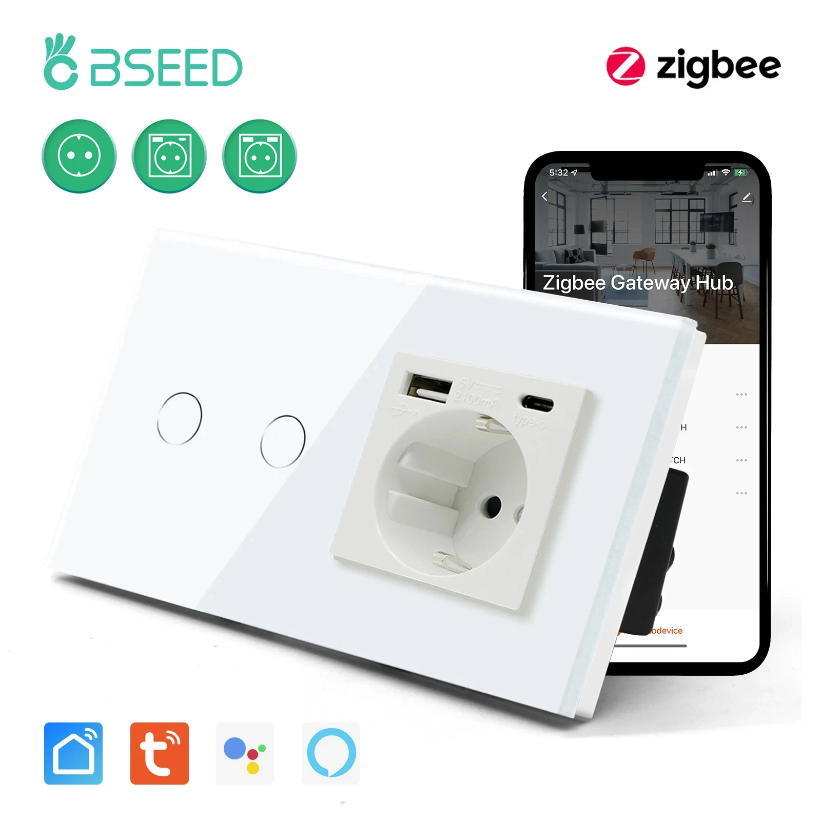 BSEED Zigbee Touch Switches 1/2/3Gang 1Way Wireless Wifi Wall Switch Smart Google Alexa With EU Standard Power Socket Outlet 
BSEED Zigbee Touch Switches 1/2/3Gang 1Way Wireless Wifi Wall Switch Smart Google Alexa With EU Standard Power Socket Outlet