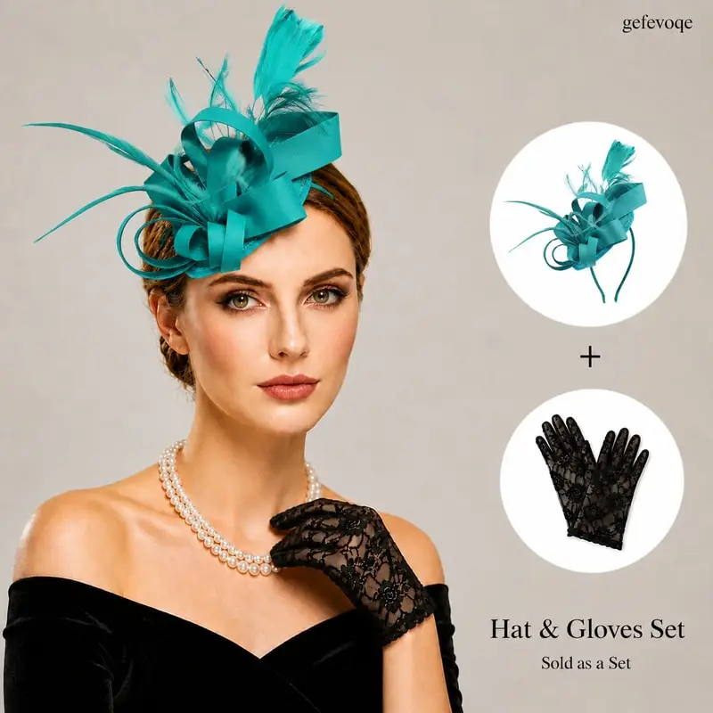 Women Feather Fascinator Hat And Lace Gloves Set For Tea Party Wedding Derby Church Occasion
Women Feather Fascinator Hat And Lace Gloves Set For Tea Party Wedding Derby Church Occasion