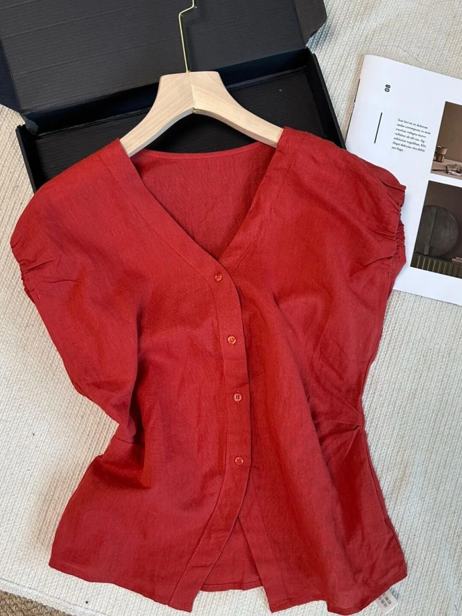 Red Slimming V-Ne T Top with Pleated Sves And Waist-Cinching Design Commute Sle Long Sve irt for Women
Red Slimming V-Ne T Top with Pleated Sves And Waist-Cinching Design Commute Sle Long Sve irt for Women