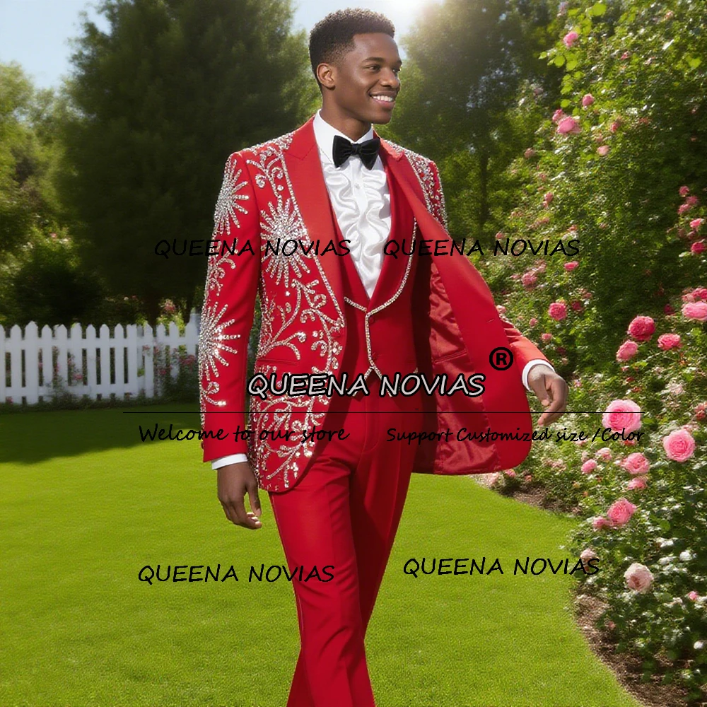 Unique Design Crystals Suits Men 3 Pieces Sets Shawl Lapel Beaded Prom Blazers Customized Groom Formal Party Red Wedding Tuxedos
Unique Design Crystals Suits Men 3 Pieces Sets Shawl Lapel Beaded Prom Blazers Customized Groom Formal Party Red Wedding Tuxedos