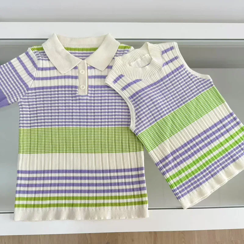 Children Striped Vest or T Shirt 2025 Summer New Fresh and Cool Knitted Polo Shirt Color Matching Tops
Children Striped Vest or T Shirt 2025 Summer New Fresh and Cool Knitted Polo Shirt Color Matching Tops