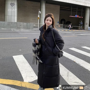 고급감 블랙 두꺼운 코튼 재킷 여성용 겨울 신상품 따뜻한 롱 빵형 코트 외투 스타일리시한 통근용 패션 룩