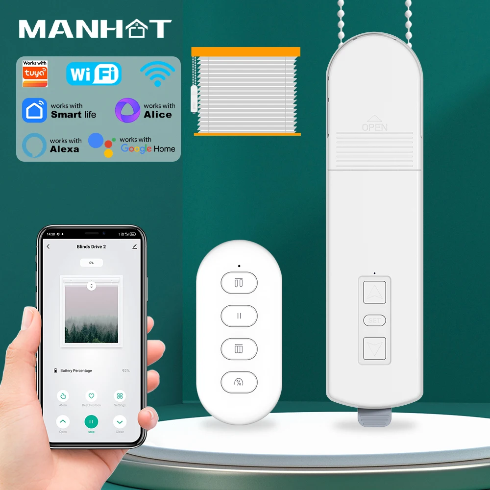 MANHOT Wifi DIY Smart Blinds Motor with APP/Voice/Remote Control Timing/Schedule Function with Tuya Alexa Google Assistant Alice
MANHOT Wifi DIY Smart Blinds Motor with APP/Voice/Remote Control Timing/Schedule Function with Tuya Alexa Google Assistant Alice