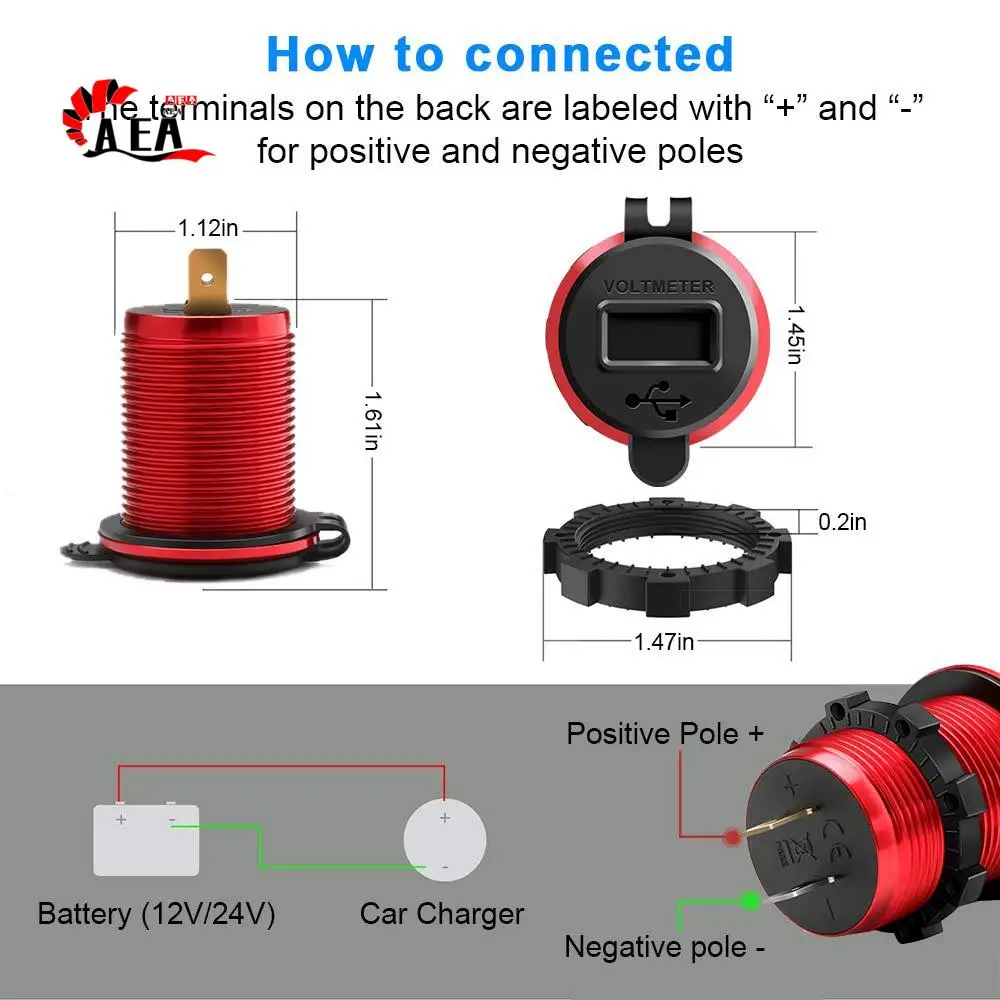 AEA0-Quick Charge 3.0 USB Charger Socket, 12V/24V Dual USB Car Power Outlet Waterproof Cigarette Lighter With LED Voltmeter
AEA0-Quick Charge 3.0 USB Charger Socket, 12V/24V Dual USB Car Power Outlet Waterproof Cigarette Lighter With LED Voltmeter