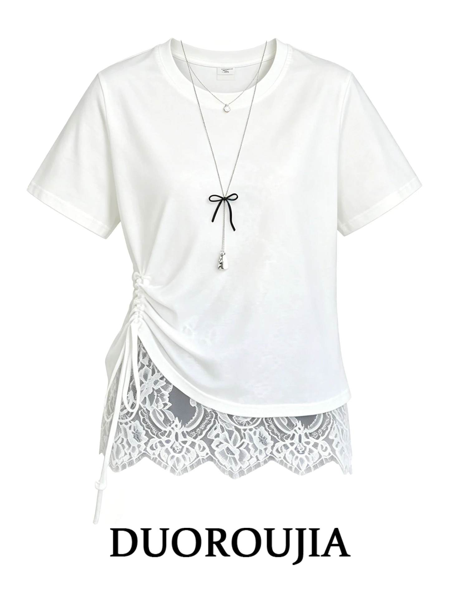 plus Size Korean Style V-Neck Lace Panel Short Sleeve T-Shirt Women Summer Slimming Top with Belt Detail Commute Style
plus Size Korean Style V-Neck Lace Panel Short Sleeve T-Shirt Women Summer Slimming Top with Belt Detail Commute Style