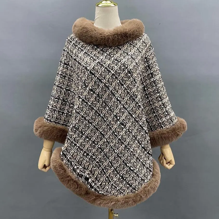 JANEFUR-Faux Fur Collar Trim Poncho for Women, Tweed Elegant Plaid Cape, Loose Thick Fleece Lined Coat, Winter Pullover, 2022
JANEFUR-Faux Fur Collar Trim Poncho for Women, Tweed Elegant Plaid Cape, Loose Thick Fleece Lined Coat, Winter Pullover, 2022