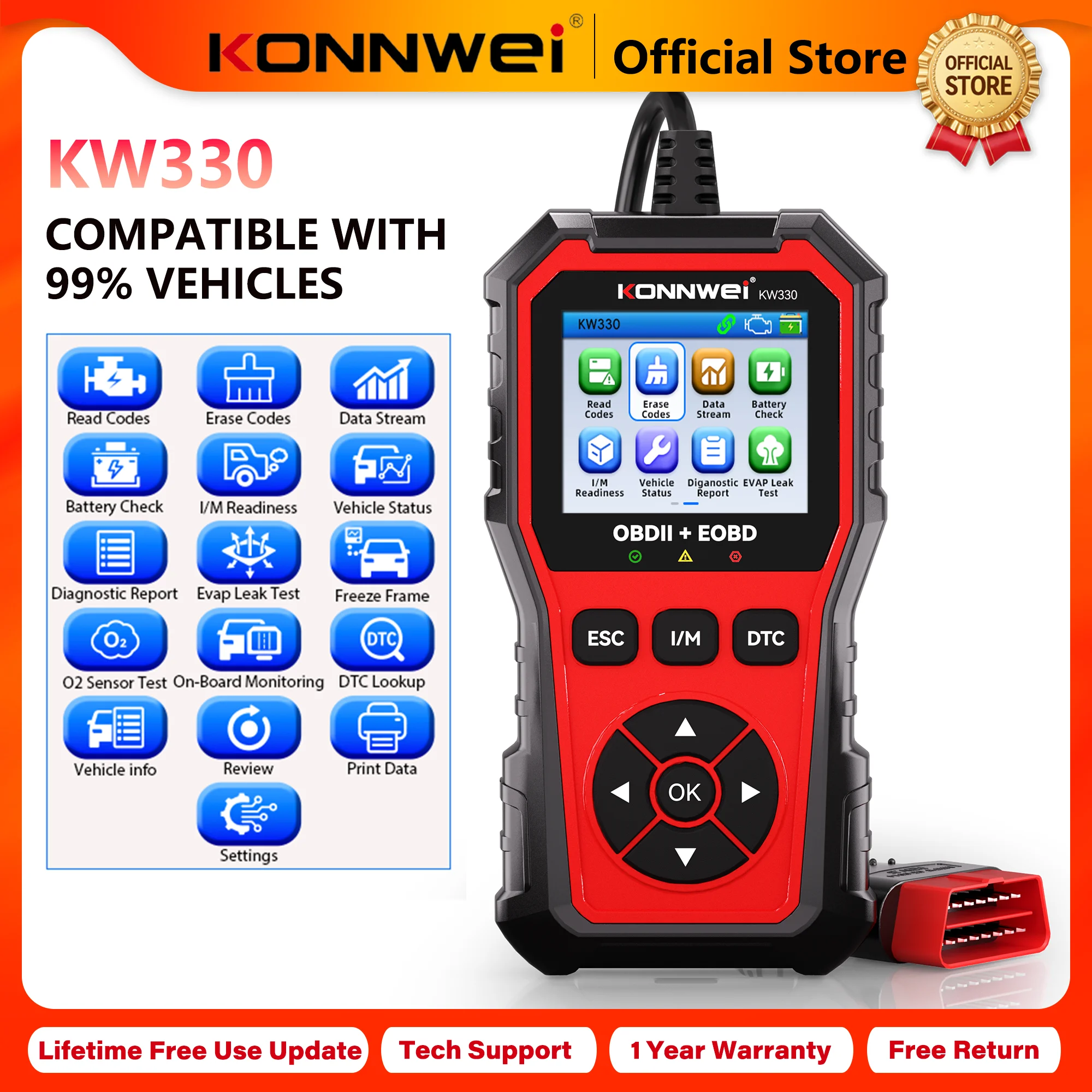 2026 KONNWEI KW330 Professional Car OBD2 Diagnostic Tool Engine Battery Testing Fault Code Erase Real-Time Data Scanner Function
2026 KONNWEI KW330 Professional Car OBD2 Diagnostic Tool Engine Battery Testing Fault Code Erase Real-Time Data Scanner Function
