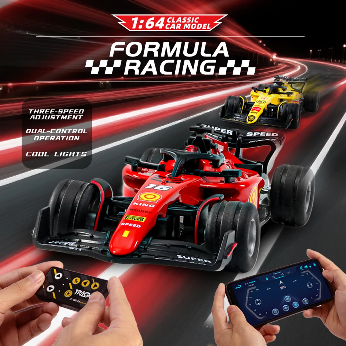 1:64 гоночный автомобиль Ferrari Formula с дистанционным управлением, двойное управление мобильным телефоном и контроллером, артефакт для настольных гонок
1:64 гоночный автомобиль Ferrari Formula с дистанционным управлением, двойное управление мобильным телефоном и контроллером, артефакт для настольных гонок