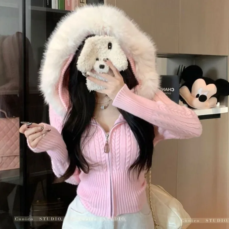 Sweet Style Fuzzy Collar Zipper Hooded Knitted Sweater Y2k Women's Hooded Long Sleeve Pink Cardigan Knitwear Clothes
Sweet Style Fuzzy Collar Zipper Hooded Knitted Sweater Y2k Women's Hooded Long Sleeve Pink Cardigan Knitwear Clothes