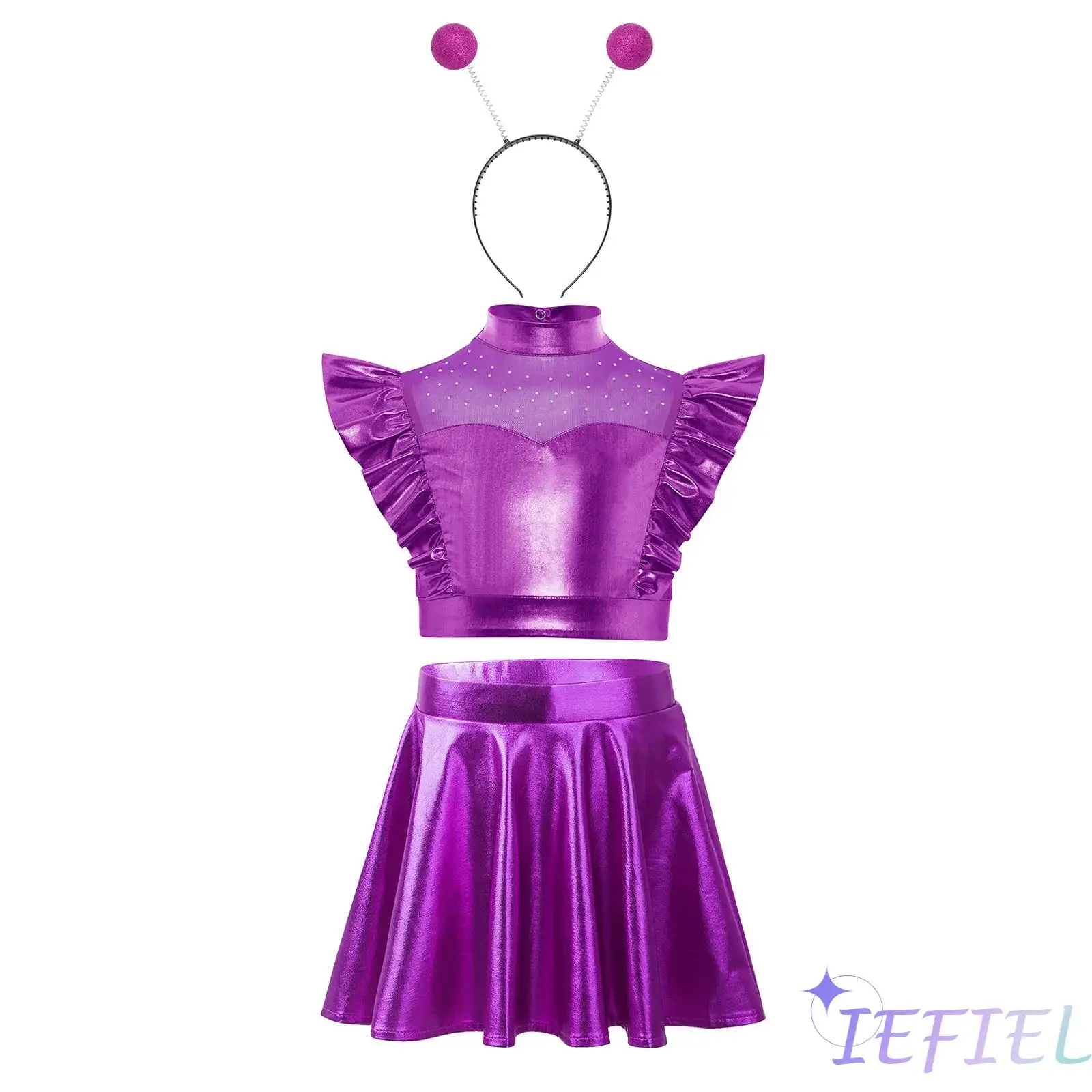Girls 3 Piece Alien Cosplay Metallic Outfit Rhinestones Sleeveless Ruffle Crop Tops+A-line Skirt+Hair Hoop Set Halloween Costume
Girls 3 Piece Alien Cosplay Metallic Outfit Rhinestones Sleeveless Ruffle Crop Tops+A-line Skirt+Hair Hoop Set Halloween Costume