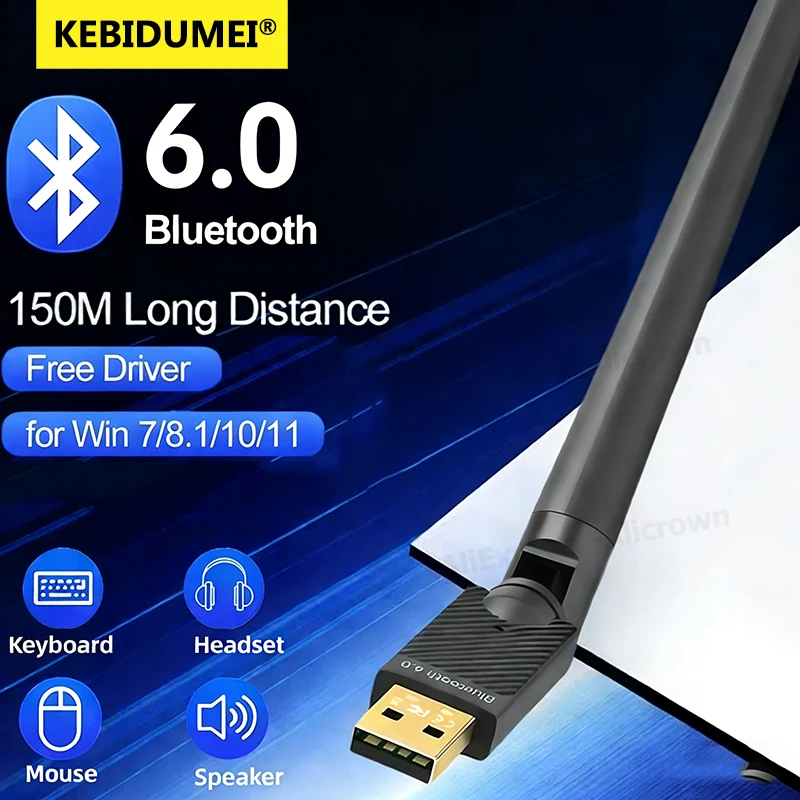 150M USB Bluetooth 6.0 Adapter Wireless Bluetooth 5.4 Audio Receiver Transmitter 5dBi Antenna Dongle For Laptop Mouse Keyboard
