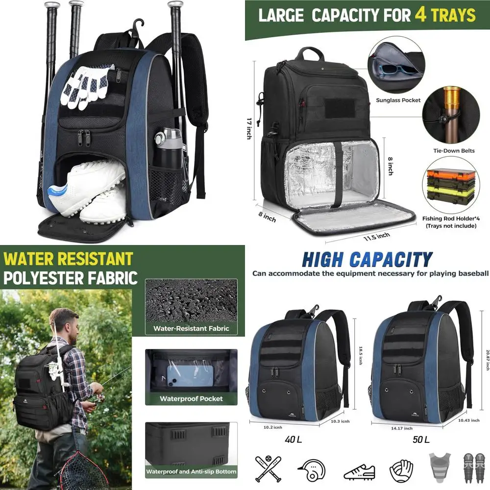 Lightweight Baseball Backpack with Shoe Compartment, Water-Resistant Fishing Bag with Cooler and Rod Holders
Lightweight Baseball Backpack with Shoe Compartment, Water-Resistant Fishing Bag with Cooler and Rod Holders