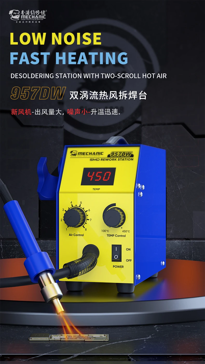 MECHANIC 957DW Soldering Stations Desoldering Station with Two-scroll Hot Air Rework Station for Heating Main Board Tin Solder
MECHANIC 957DW Soldering Stations Desoldering Station with Two-scroll Hot Air Rework Station for Heating Main Board Tin Solder